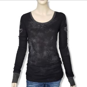 Miss Me Waffle Knit Graphic Print Long Sleeve Embellished Top Womens Large